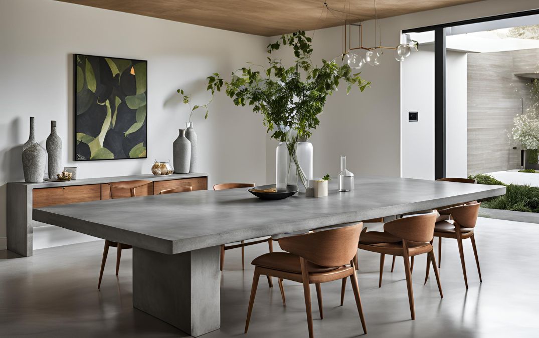 A concrete dining table in a kitchen