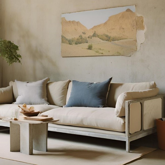 A concrete sofa frame with side-table in a living room.