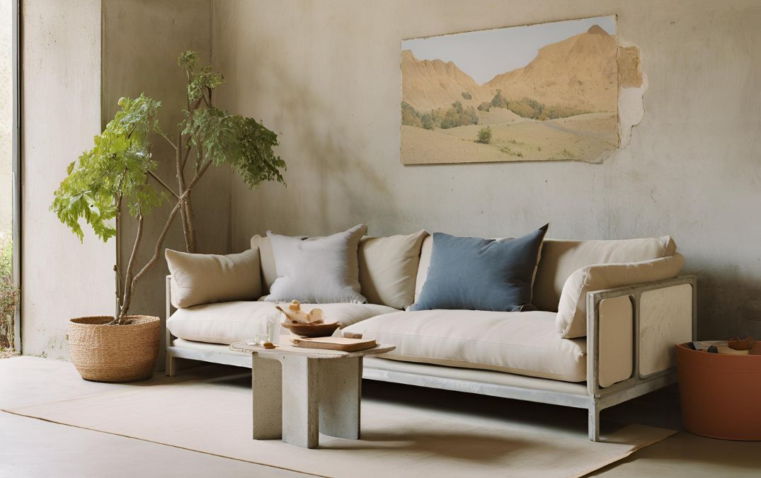 A concrete sofa frame with side-table in a living room.