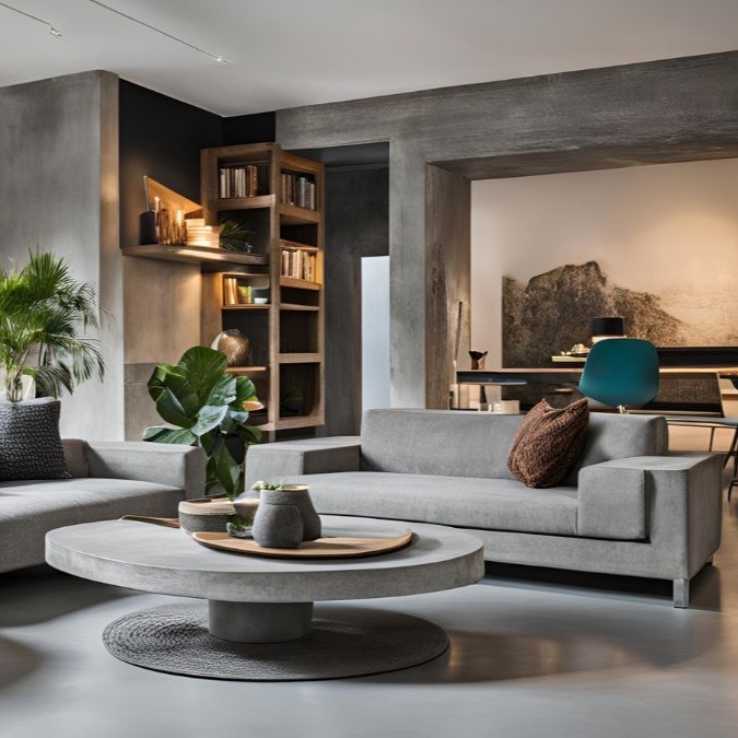 A round concrete coffee table in a living room.