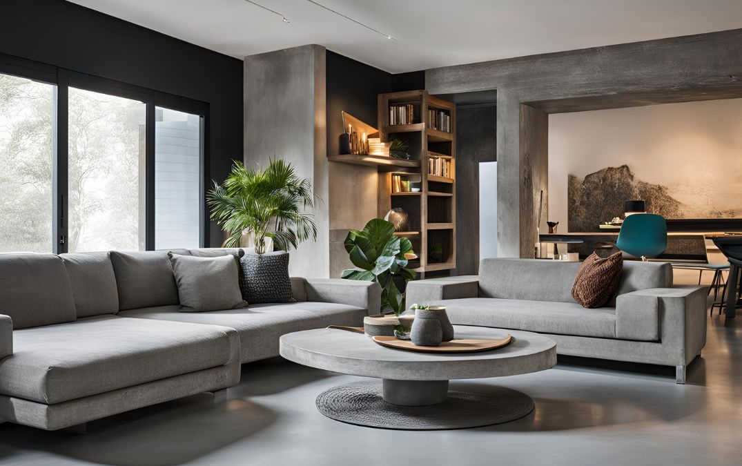 A round concrete coffee table in a living room.