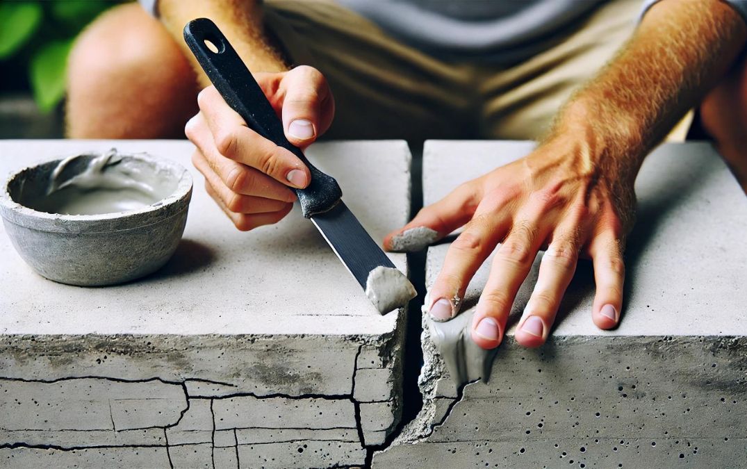 A man fixing a crack on a concrete table.