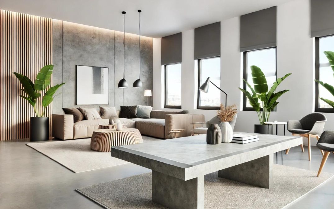 a dining room with a long concrete table, with a concrete framed sofa in the background.