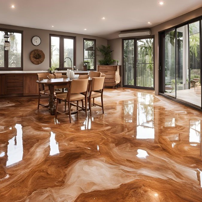 Kitchen table and chairs on an epoxy resin floor.