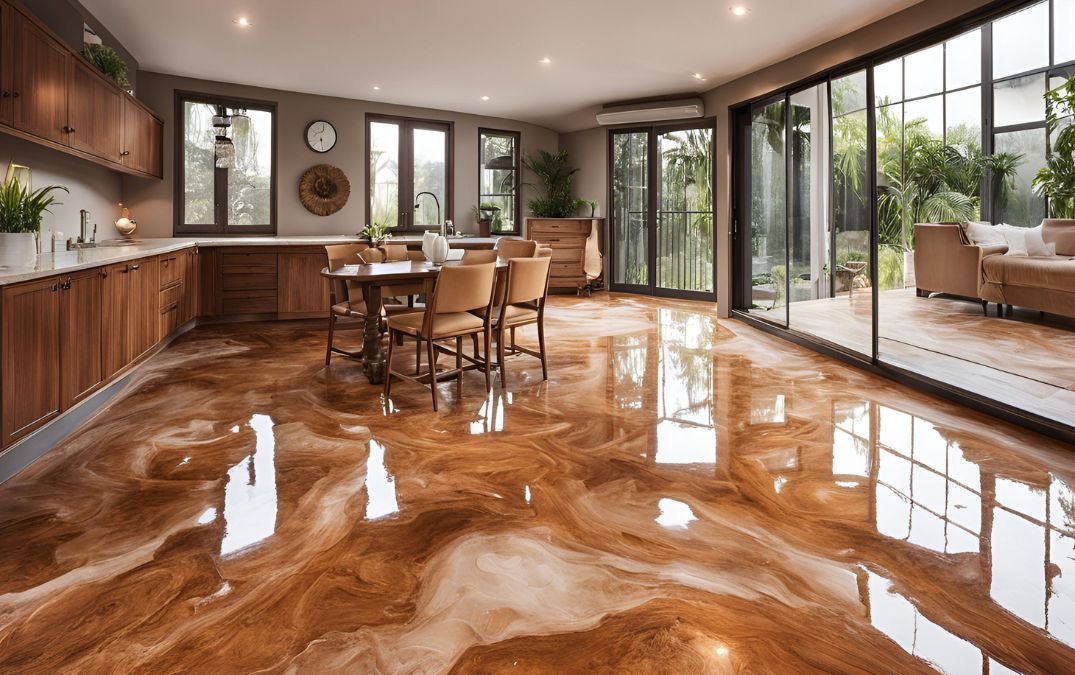 Kitchen table and chairs on an epoxy resin floor.