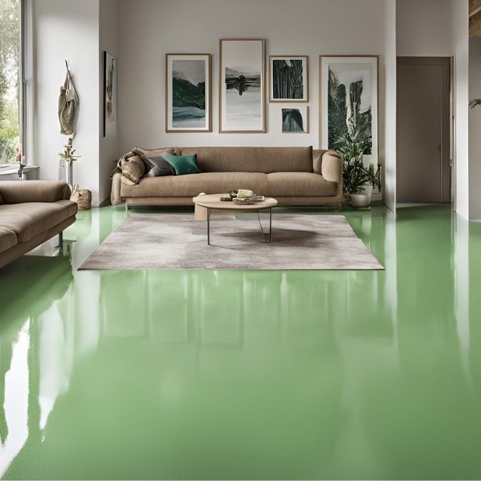 A sofa and table on an epoxy flooring with a rug beneath to protect the floor.