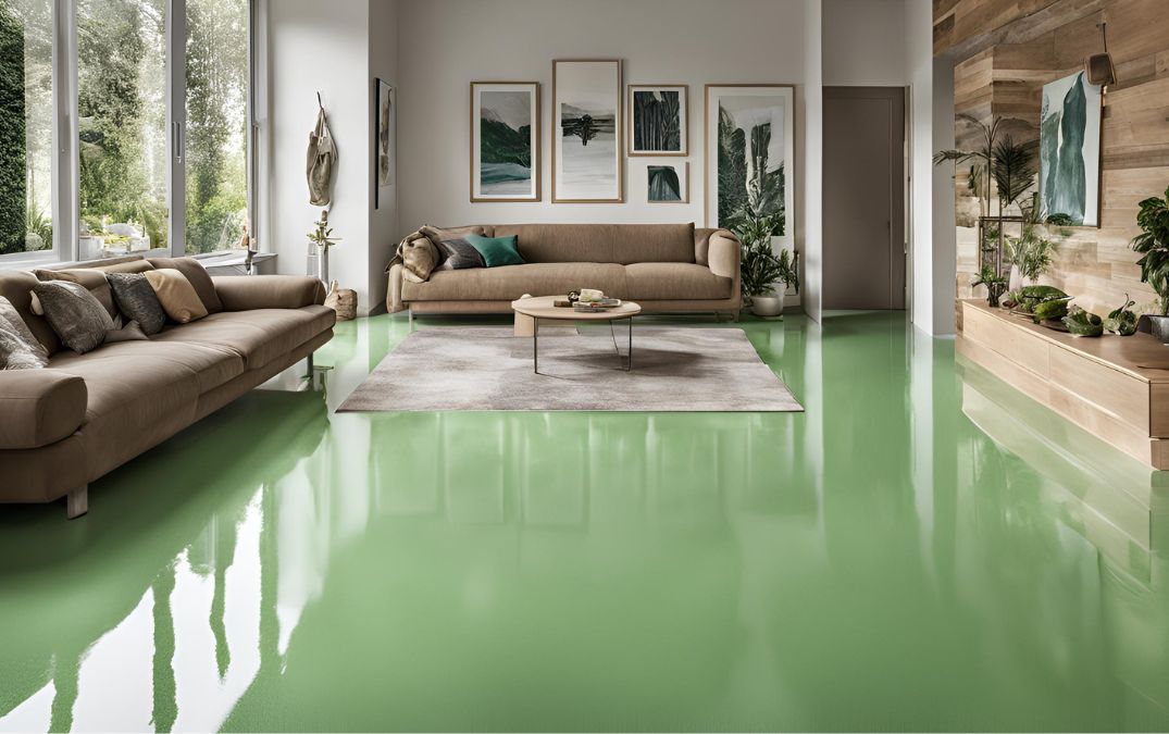 A sofa and table on an epoxy flooring with a rug beneath to protect the floor.