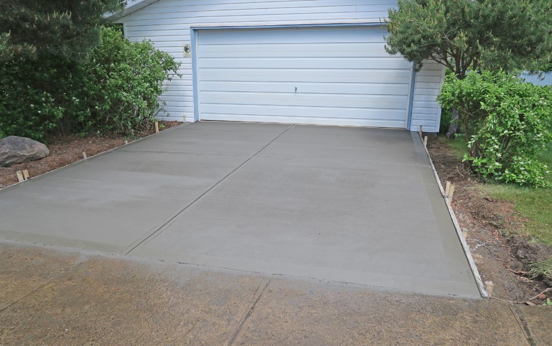 A concrete driveway that has just been laid and is still wet.