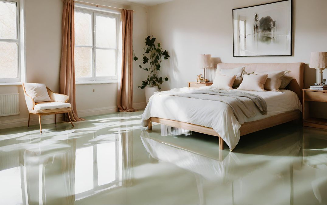 a bedroom with a light green epoxy resin floor