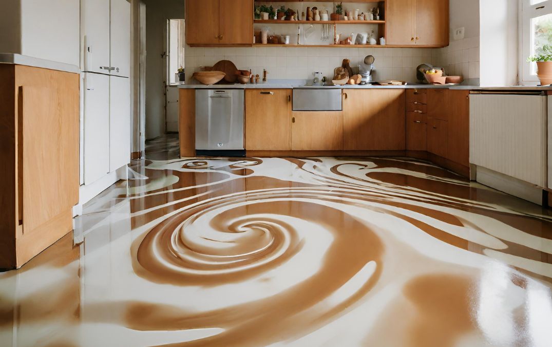 A kitchen with brown and white swirl effect epoxy resin flooring.