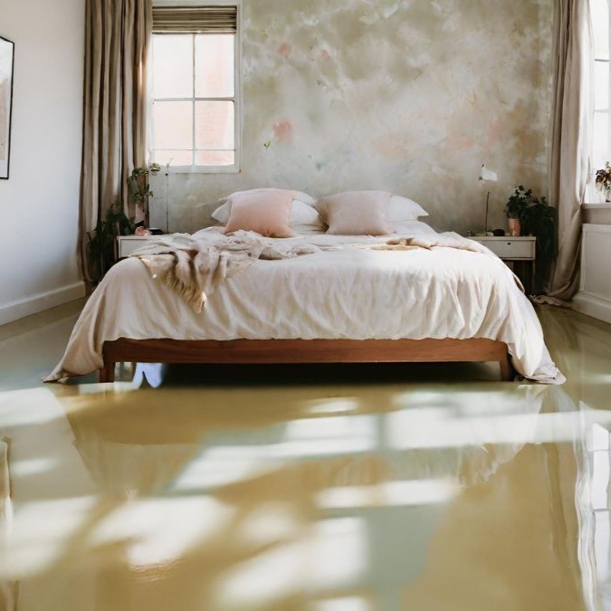 Epoxy resin flooring for a bedroom, yellow in colour