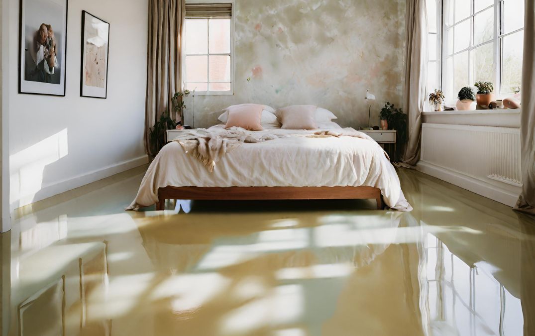 Epoxy resin flooring for a bedroom, yellow in colour