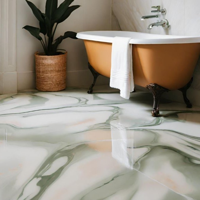 Green marble effect epoxy resin floor.