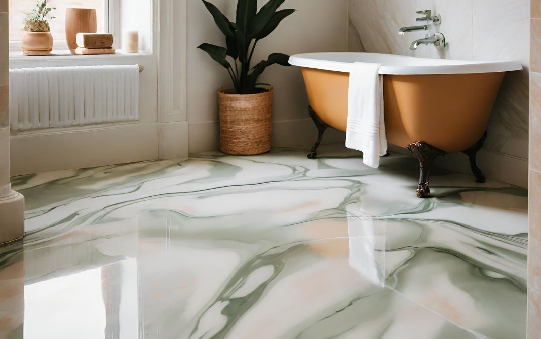 Green marble effect epoxy resin floor.