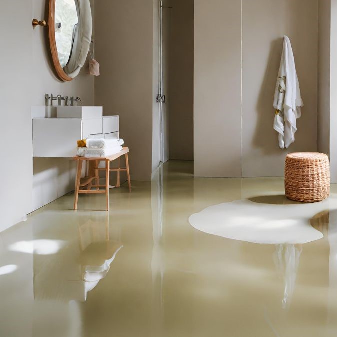 yellow epoxy resin flooring in a bathroom with stains on it.