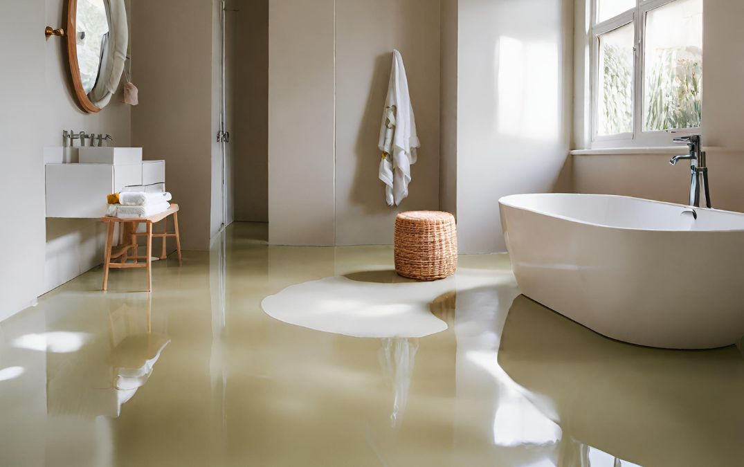 yellow epoxy resin flooring in a bathroom with stains on it.