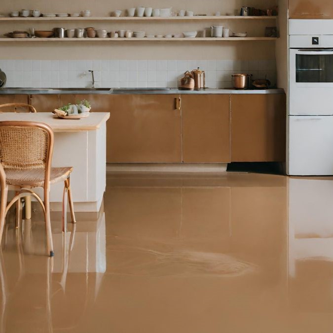 A brown epoxy floor for a kitchen