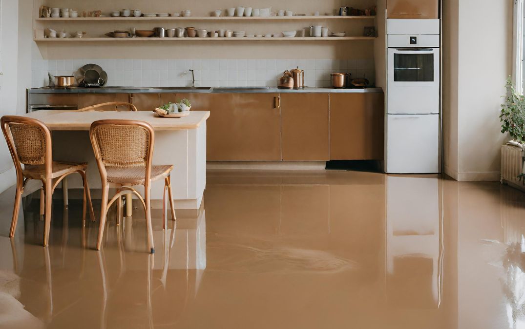 A brown epoxy floor for a kitchen
