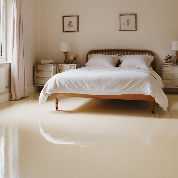 Cream resin flooring for a bedroom
