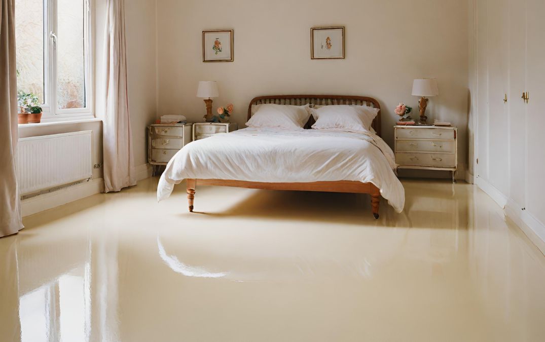 Cream resin flooring for a bedroom