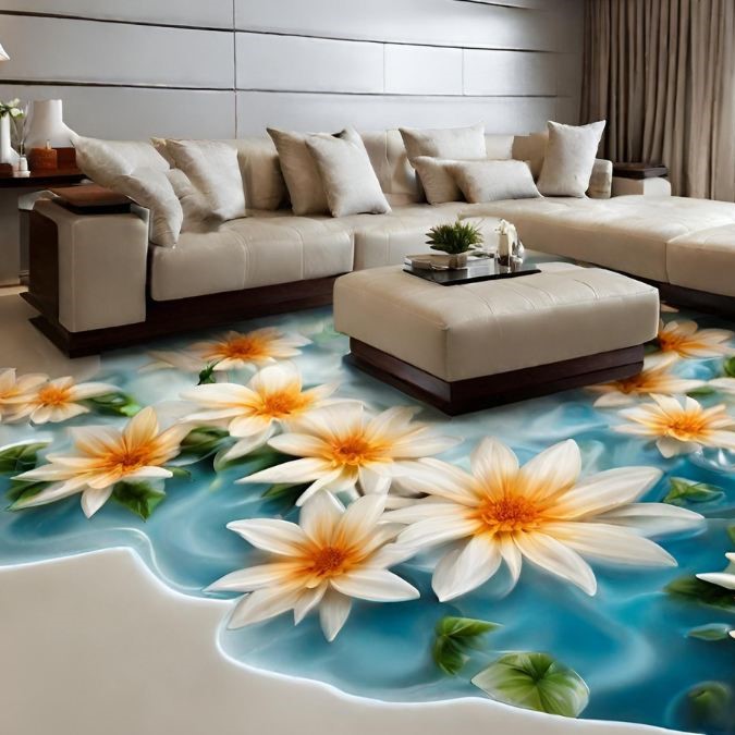 A 3D epoxy resin floor which is made up of white flowers, in a living room.