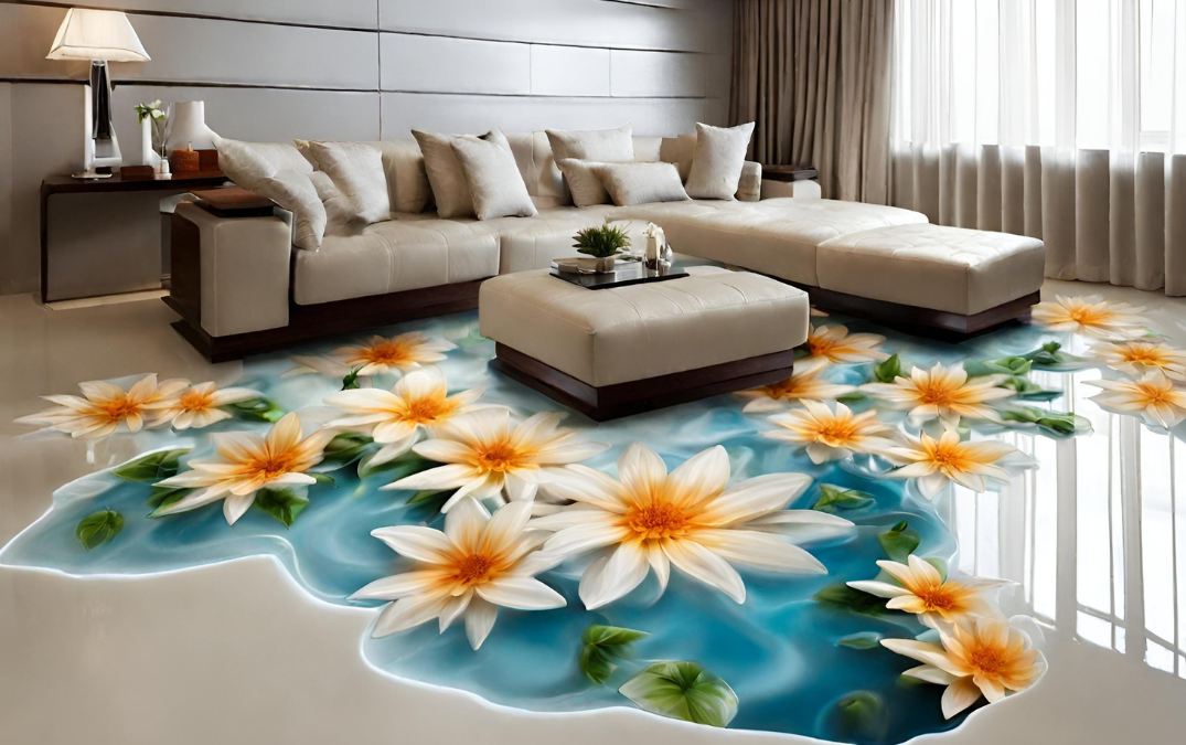 A 3D epoxy resin floor which is made up of white flowers, in a living room.