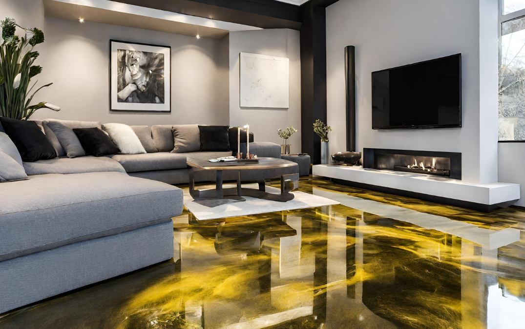 an anti-slip epoxy resin floor in a living room