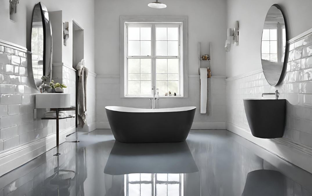 A grey epoxy resin floor for a bathroom which is slippery due to being wet