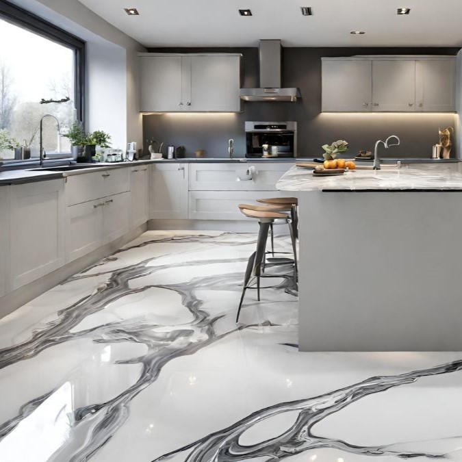 a textured epoxy resin floor in a kitchen for anti-slip measures.