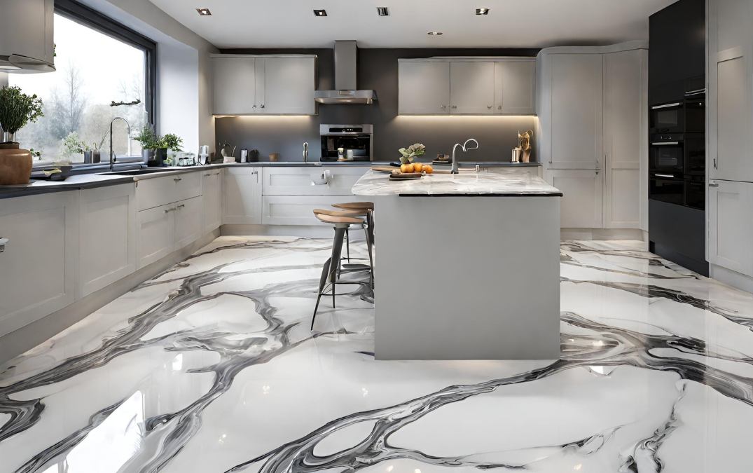 a textured epoxy resin floor in a kitchen for anti-slip measures.