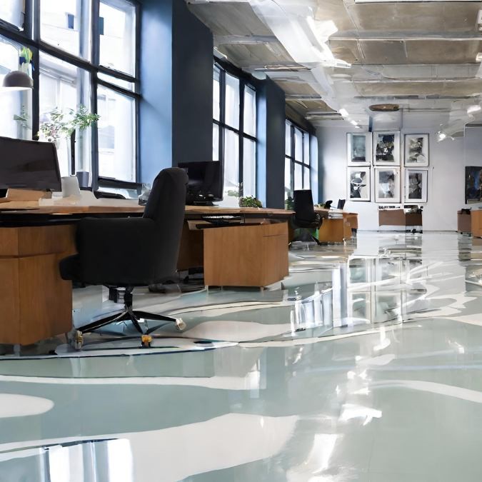 An office which has cracks in its epoxy resin flooring