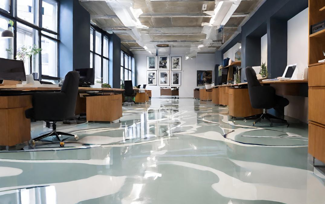 An office which has cracks in its epoxy resin flooring