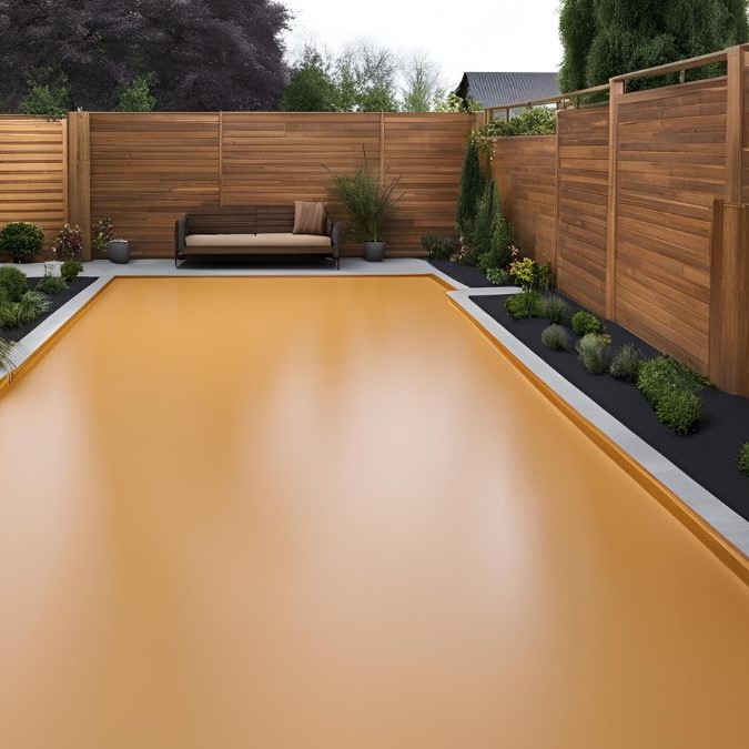 Epoxy resin flooring in a garden with bordering plants and bushes.