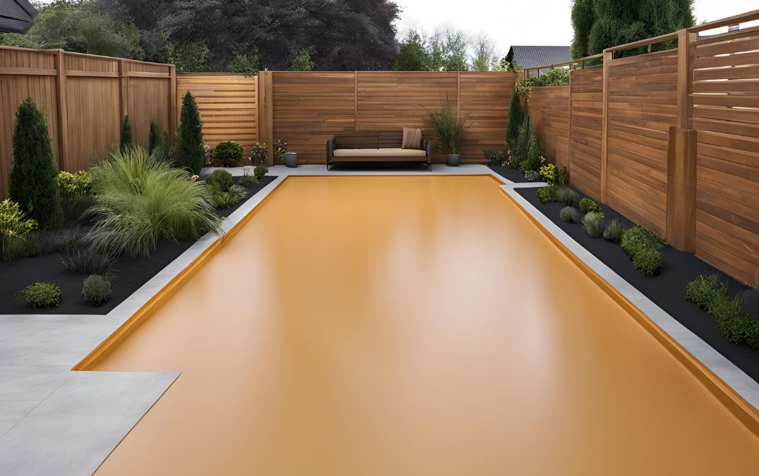 Epoxy resin flooring in a garden with bordering plants and bushes.