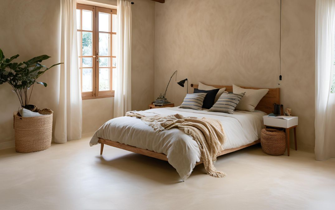 Cream microcement floor for a bedroom.