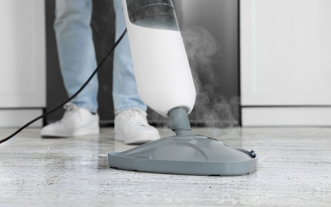 Polished concrete flooring being mopped.