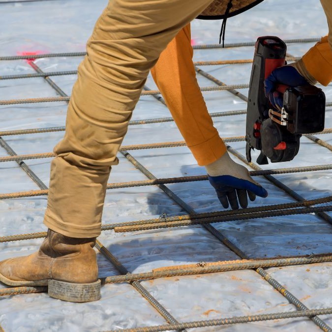 A man screwing in concrete reinforcement to a moisture barrier.