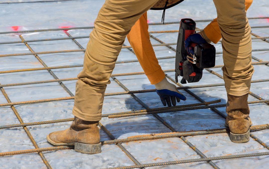 A man screwing in concrete reinforcement to a moisture barrier.