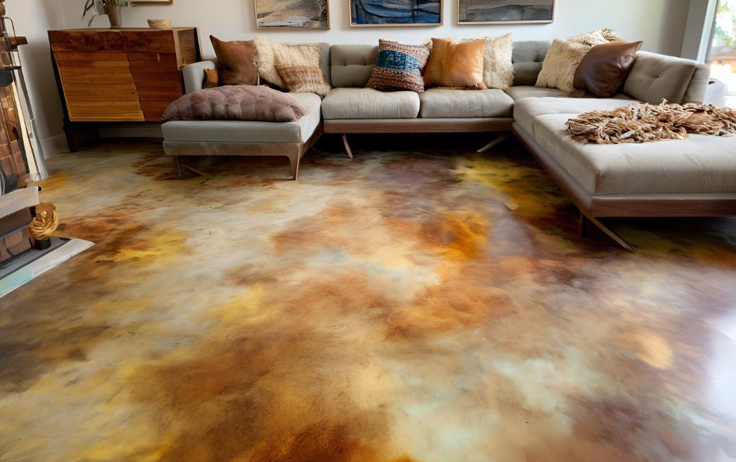 A concrete floor which has been dyed with acid.