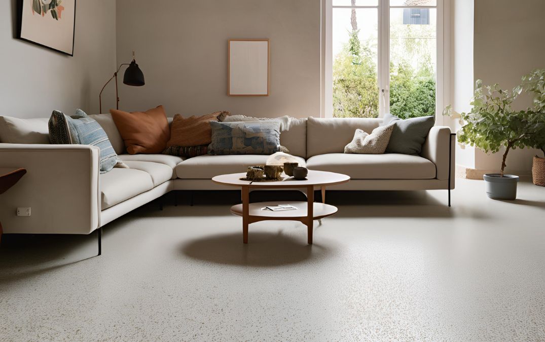 A matte exposed-aggregate textured concrete floor.