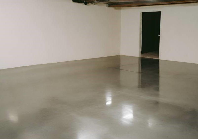 a black concrete polished floor in a basement which is scratch resistant