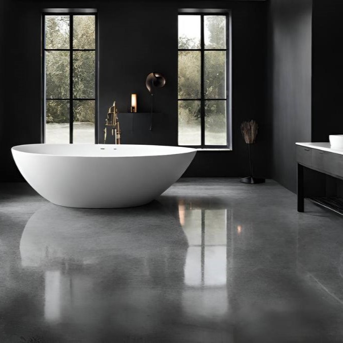 black stained polished concrete flooring in a bathroom in a British home