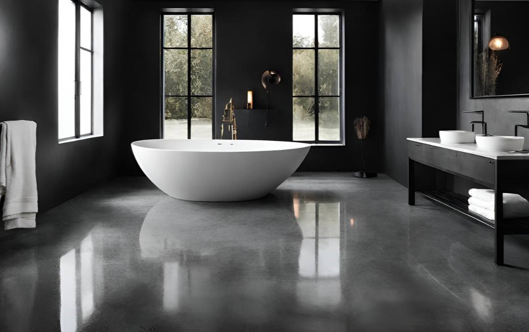 black stained polished concrete flooring in a bathroom in a British home