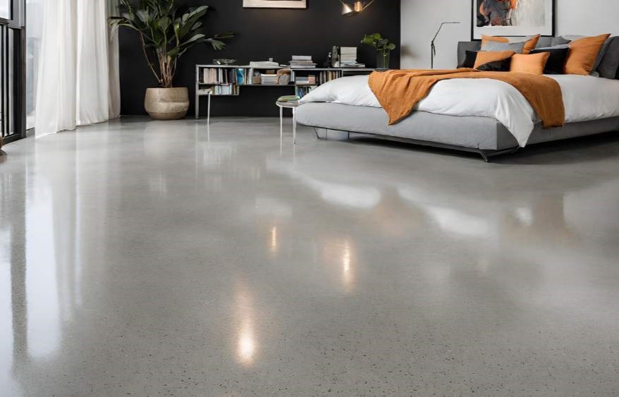 A salt and pepper finish for a concrete polished floor in a bedroom, for a residential property in weston-super-mare