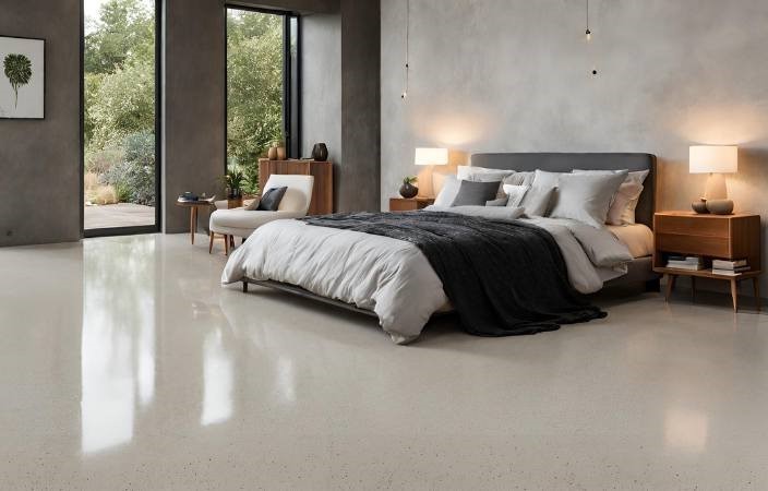 a bedroom with polished concrete flooring that has an overlay heating system installed