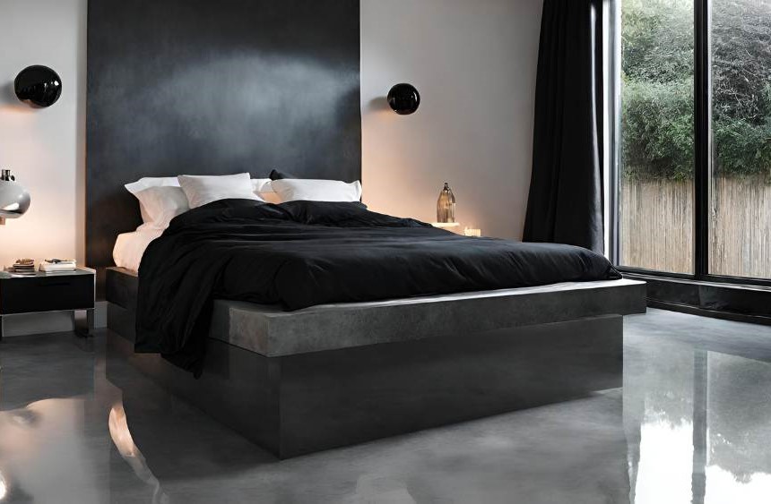 a polished concrete floor in a bedroom with black bedding