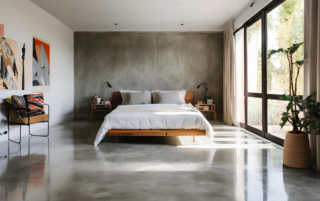 a concrete floor for a bedroom that has been polished to improve longevity