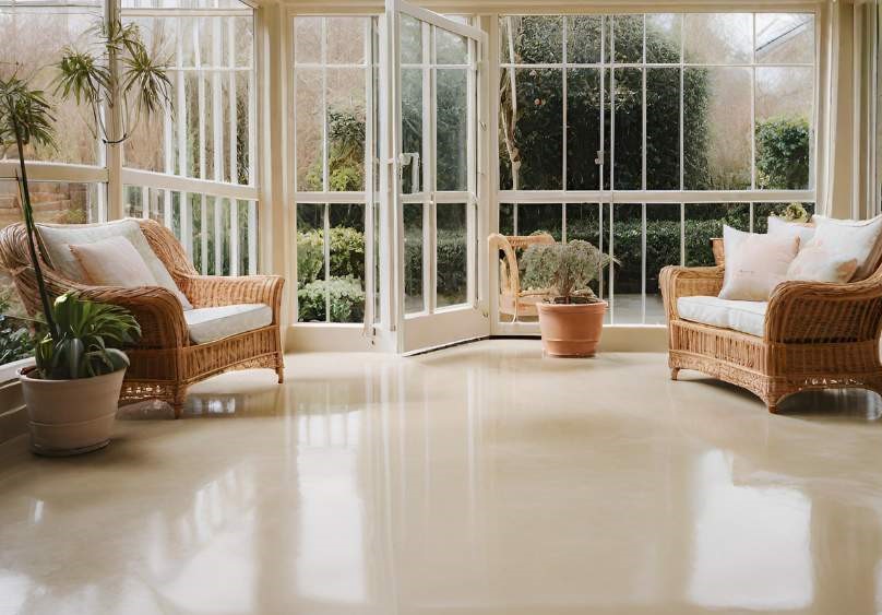 a polished concrete floor in a conservatory with underfloor heating