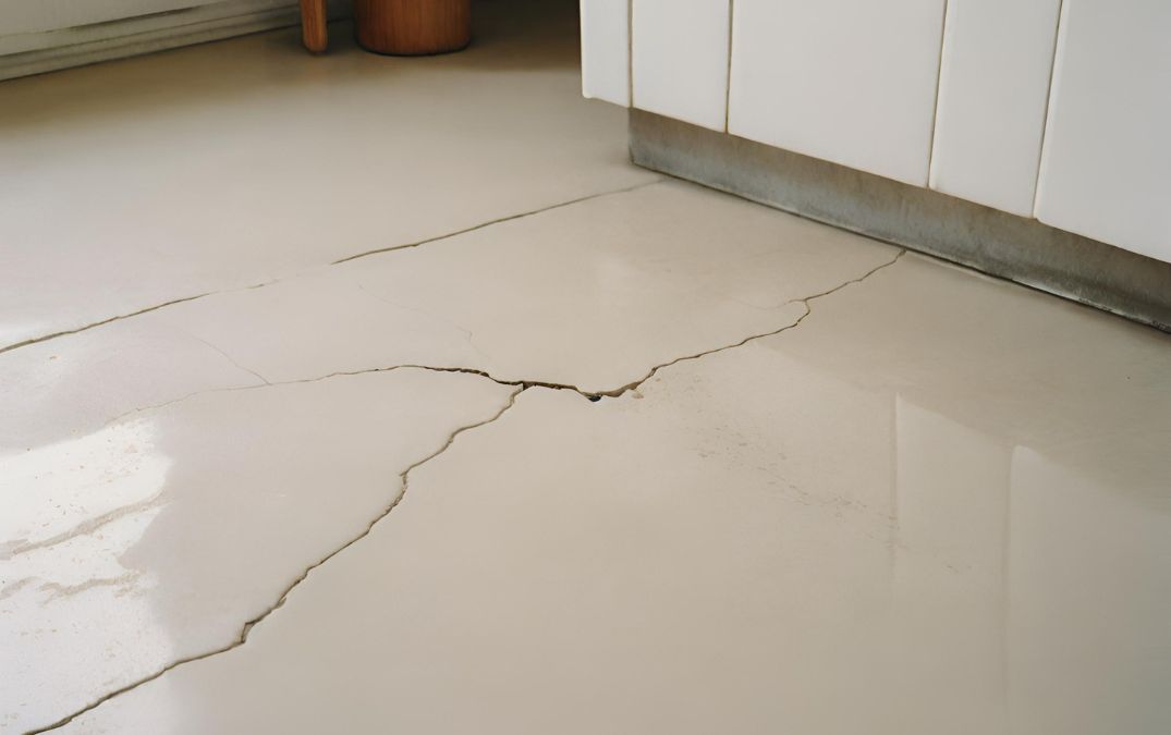 a polished concrete floor for a kitchen which has cracked