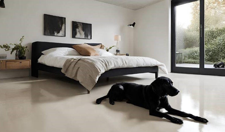 cream polished concrete flooring in a bedroom with a black labrador laying on the electronically radiated heated flooring